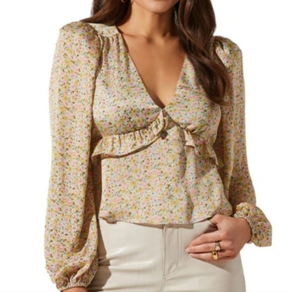 Astr The Label Womens Tie Back Ruffle Cropped Blouse Sz XL Mustard Pink Ditsy - Picture 13 of 14